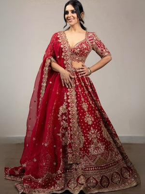 Rajwada Red Satin Embellished Semi Stitched Lehenga For Women
