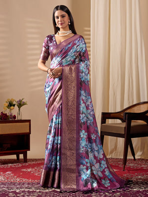Rajwada Purple Silk Blend Printed Saree For Women