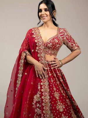 Rajwada Red Satin Embellished Semi Stitched Lehenga For Women