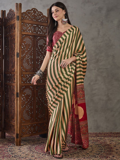 Rajwada Olive And Cream Silk Blend Printed Elegant Saree For Women