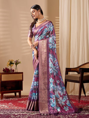 Rajwada Purple Silk Blend Printed Saree For Women