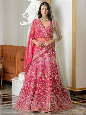 Rajwada Pink Satin Embellished Semi Stitched Lehenga For Women