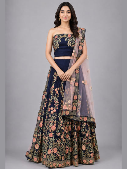 Dark Blue Silk Blend Embroidered Lehenga