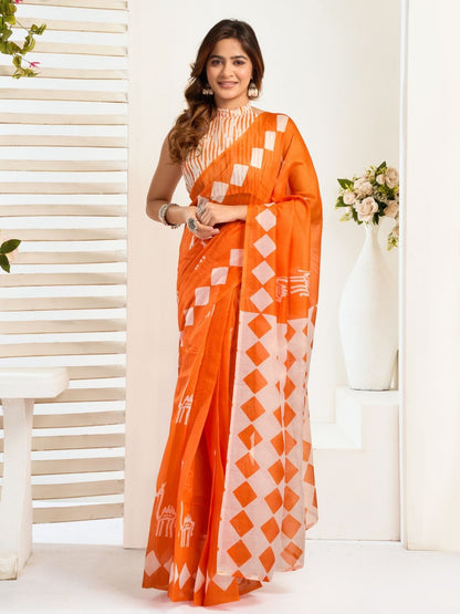 Rajwada Orange Cotton Linen Zari Work Saree For Women