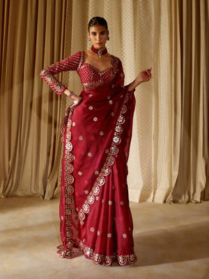 Rajwada Maroon Georgette Embellished Solid Saree For Women