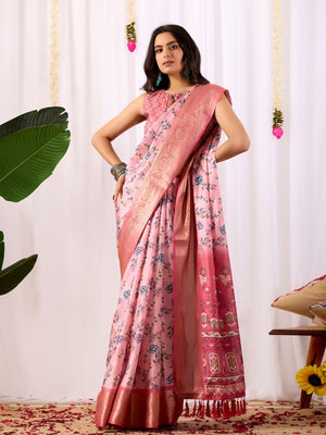 Rajwada Pink Silk Blend Printed Saree For Women