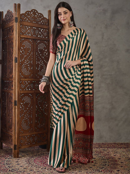 Rajwada Green And Cream Silk Blend Printed Elegant Saree For Women