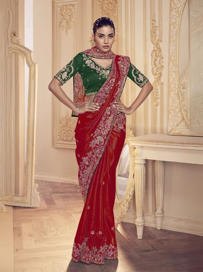 Rajwada Red Satin Embroidered Elegant Saree For Women