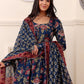 Rajwada Navy Blue Rayon Printed Stitched Kurta Set For Women