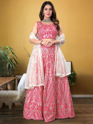 Rajwada Pink Silk Blend Embellished Semi-Stitched Lehenga For Women