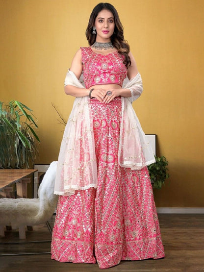 Rajwada Pink Silk Blend Embellished Semi-Stitched Lehenga For Women