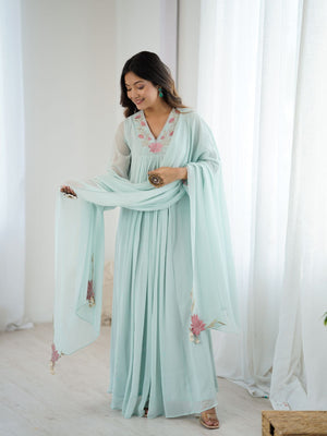 Rajwada Sky Blue Georgette Embroidered Stitched Kurta Set For Women