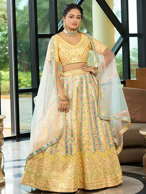 Rajwada Yellow Dola Silk Embellished Semi-Stitched Lehenga For Women