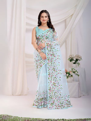 Rajwada Sky Blue Net Embroidered Elegant Saree For Women