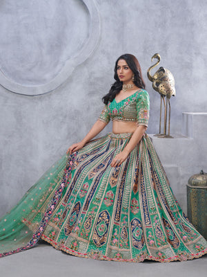 Rajwada Green Organza Embellished Semi-Stitched Lehenga With Unstitched Blouse For Women