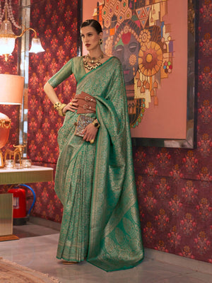 Rajwada Green Silk Blend Woven Saree With Unstitched Blouse For Women