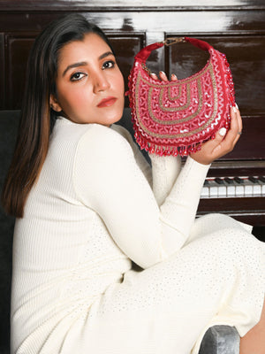 Rajwada Maroon Suede Bead And Sequins Hand Bag For Women