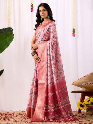 Rajwada Pink Silk Blend Printed Saree For Women