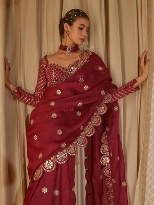 Rajwada Maroon Georgette Embellished Solid Saree For Women