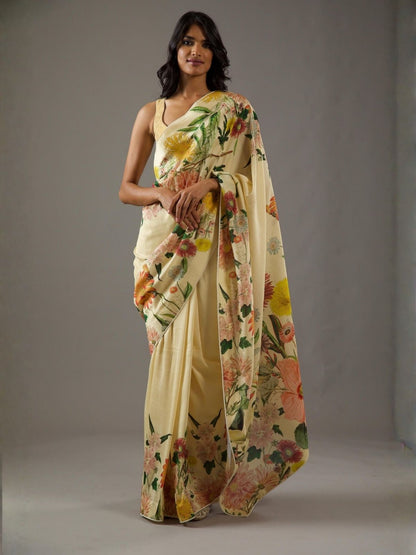 Rajwada Light Beige Georgette Floral Print Saree For Women