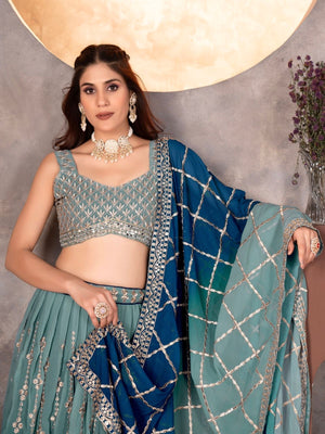 Rajwada Blue Georgette Embroidered Semi-Stitched lehenga For Women