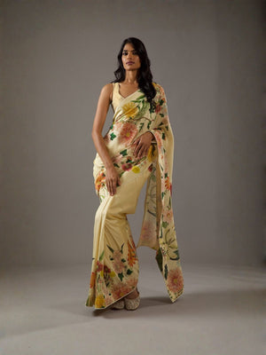 Rajwada Light Beige Georgette Floral Print Saree For Women