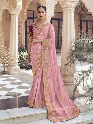 Rajwada Pink Georgette Embroidered Elegant Saree For Women