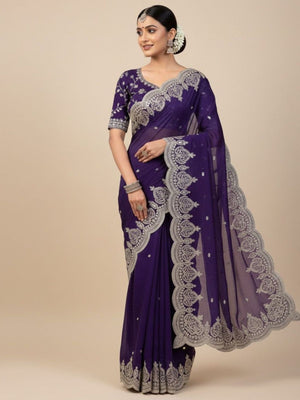 Rajwada Purple Satin Embroidered Solid Saree For Women
