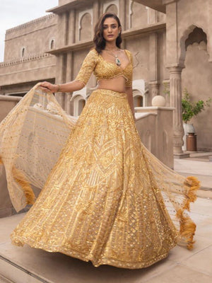 Rajwada Gold Net Embellished Semi Stitched Lehenga For Women