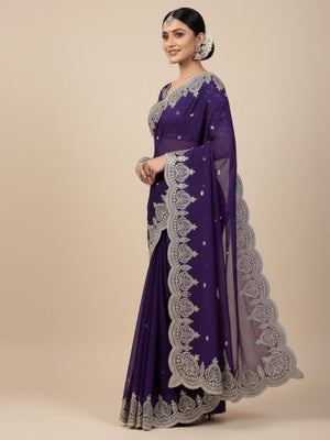 Rajwada Purple Satin Embroidered Solid Saree For Women