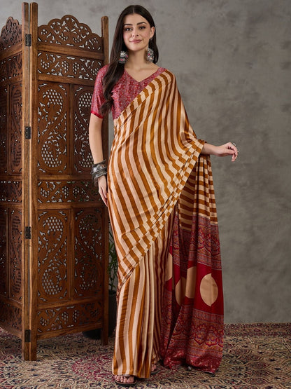 Rajwada Mustard And Cream Silk Blend Printed Elegant Saree For Women