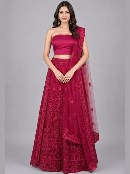 Dark Pink Net Embellished Lehenga