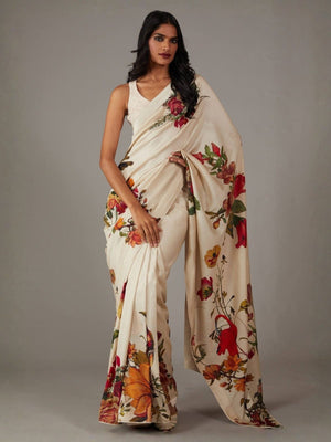 Rajwada White Georgette Floral Print Saree For Women