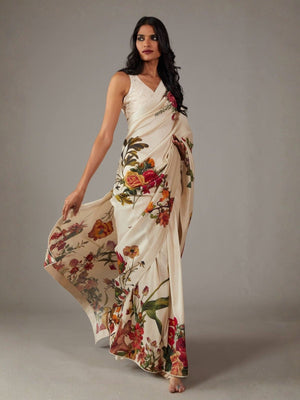 Rajwada White Georgette Floral Print Saree For Women