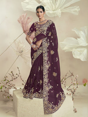 Rajwada Dark Purple Organza Embellished Elegant Saree For Women