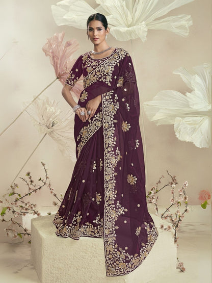 Rajwada Dark Purple Organza Embellished Elegant Saree For Women