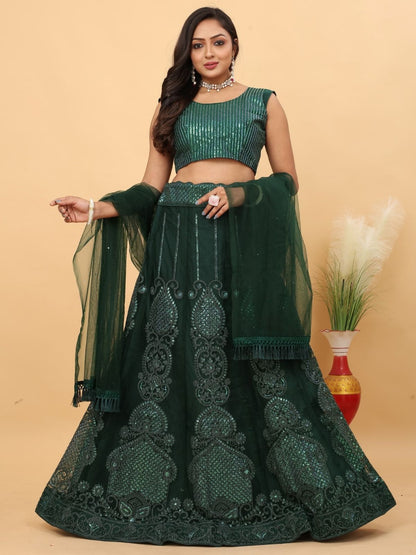 Rajwada Dark Green Net Embellished Semi Stitched Lehenga For Women