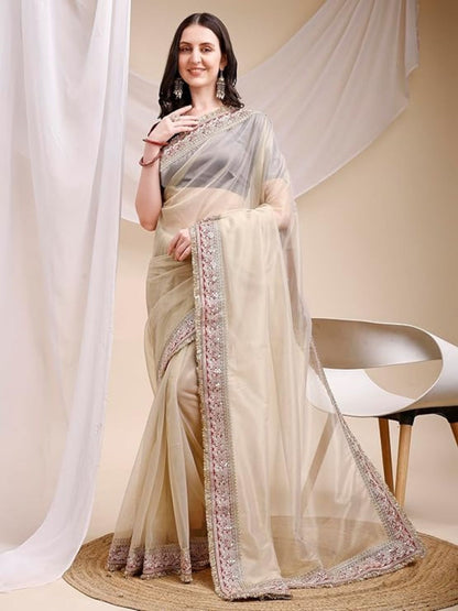 Rajwada Beige Organza Embellished Solid Saree For Women