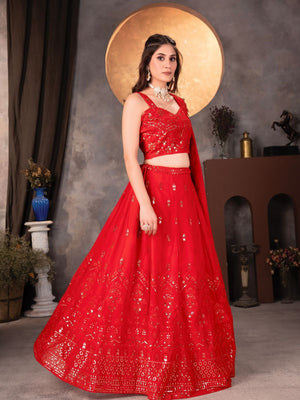 Rajwada Red Georgette Embroidered Semi-Stitched lehenga For Women