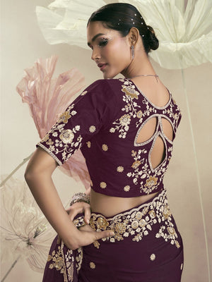Rajwada Dark Purple Organza Embellished Elegant Saree For Women