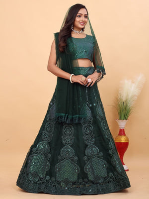 Rajwada Dark Green Net Embellished Semi Stitched Lehenga For Women