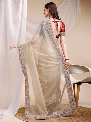 Rajwada Beige Organza Embellished Solid Saree For Women