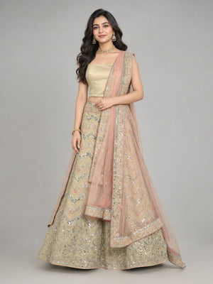 Beige Silk Blend Embellished Lehenga