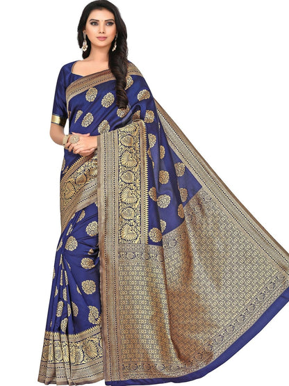 Rajwada Navy Blue Silk Blend Embellished Saree For Women
