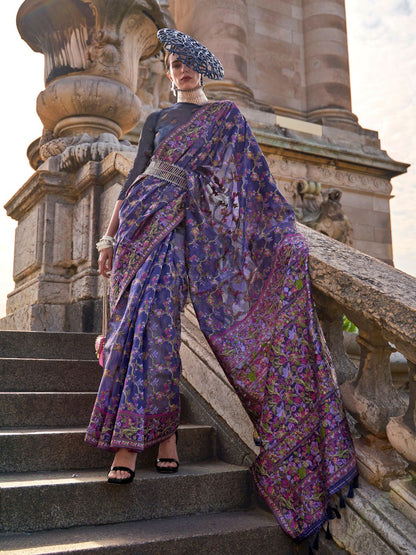 Rajwada Dark Blue Organza Woven Saree With Unstitched Blouse For Women