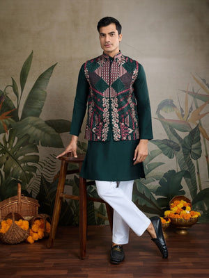 Rajwada Dark Green Viscose Silk Embroidered Stitched Kurta For Men