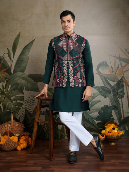 Rajwada Dark Green Viscose Silk Embroidered Stitched Kurta For Men