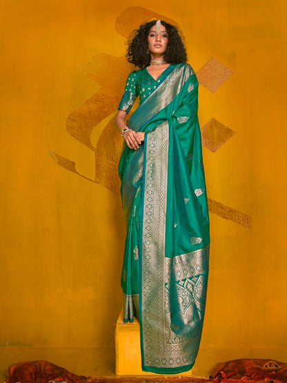 Rajwada Green Silk Blend Woven Saree With Unstitched Blouse For Women
