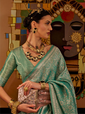 Rajwada Green Silk Blend Woven Saree With Unstitched Blouse For Women