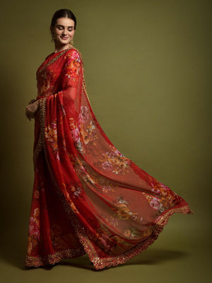 Rajwada Red Georgette Embroidered Printed Saree For Women